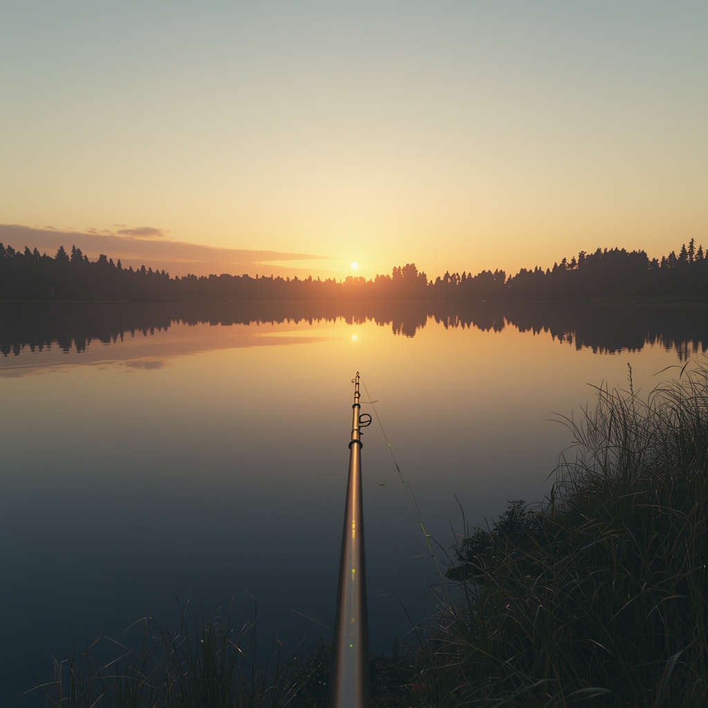 A calm lake at sunrise with a fishing rod in the foreground, photorealistic, 4k
